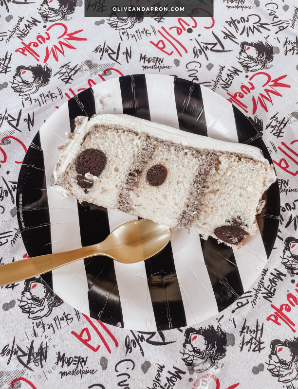 Cruella birthday cake with polka dot center by sugar geek show